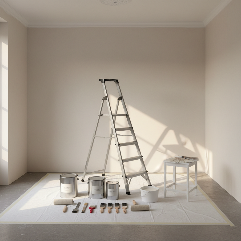 Decorating tools neatly arranged on dust sheets in a prepared interior room.