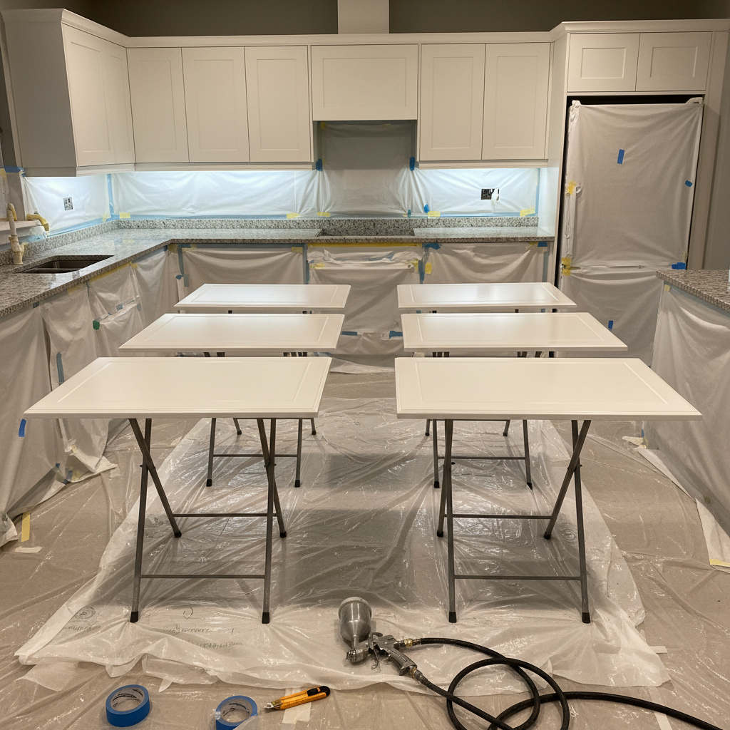 A sleek, modern kitchen mid-spray transformation, featuring handleless cabinet doors suspended on stands, coated in a uniform, warm white satin finish. In the foreground, a professional spray gun and hoses rest neatly on a plastic-covered floor, with masked worktops and appliances meticulously protected by taped sheeting. Cool, even LED strip lighting under the upper cabinets casts soft, controlled reflections on the smooth sprayed surfaces, highlighting their flawless texture. Photographic realism from a slightly elevated angle with a structured layout and clean lines, neutral tones of whites and greys, and a corporate, methodical mood that communicates expert kitchen spraying and attention to detail without clutter or distractions.