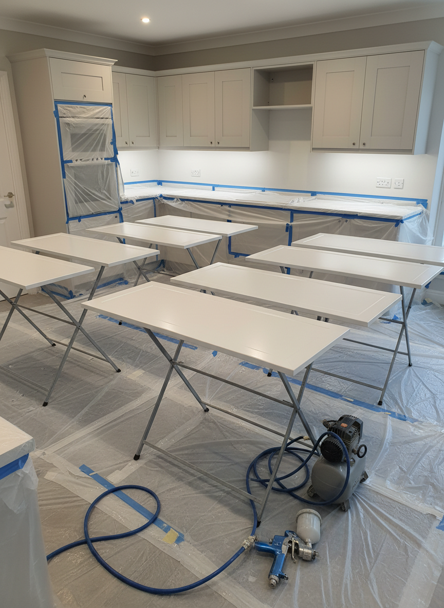 A sleek, modern kitchen mid-spray transformation, featuring handleless cabinet doors suspended on stands, coated in a uniform, warm white satin finish. In the foreground, a professional spray gun and hoses rest neatly on a plastic-covered floor, with masked worktops and appliances meticulously protected by taped sheeting. Cool, even LED strip lighting under the upper cabinets casts soft, controlled reflections on the smooth sprayed surfaces, highlighting their flawless texture. Photographic realism from a slightly elevated angle with a structured layout and clean lines, neutral tones of whites and greys, and a corporate, methodical mood that communicates expert kitchen spraying and attention to detail without clutter or distractions.